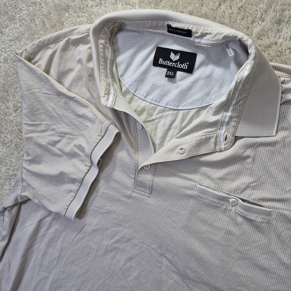 Buttercloth Polo Shirt Icy Cotton Mens 2XL Slim Beige Geometric Preppy Academia